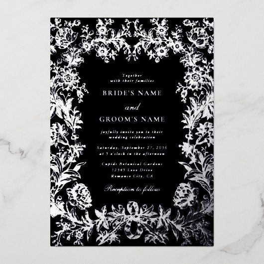 Echte Zilveren Folie Bloemen Botanische Zwarte Huw Folie Uitnodiging (Voorkant)