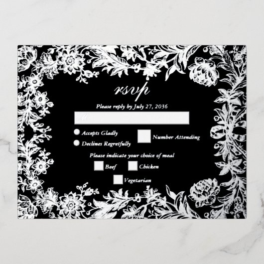 Echte Zilveren Folie Bloemen Zwart Huwelijk RSVP Folie Uitnodiging Briefkaart (Voorkant)