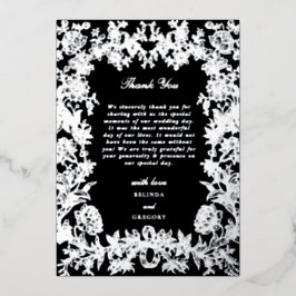 Echte Zilveren Folie Bloemen Zwarte bruiloft Dank  Folie Uitnodiging
