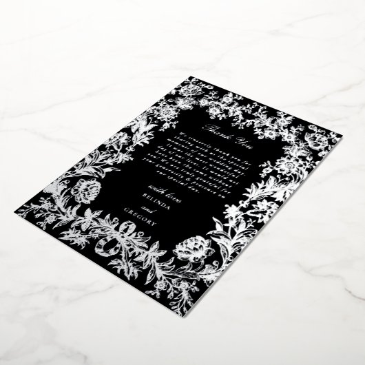 Echte Zilveren Folie Bloemen Zwarte bruiloft Dank Folie Uitnodiging (Gedraaid)