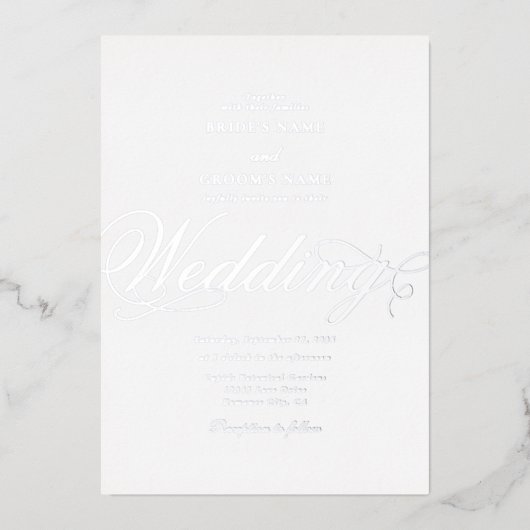 Echte Zilveren Folie Classy Luxe Witte Huwelijk Folie Uitnodiging (Voorkant)