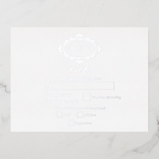 Echte Zilveren Folie Krans Witte Huwelijk RSVP Folie Uitnodiging Briefkaart (Voorkant)