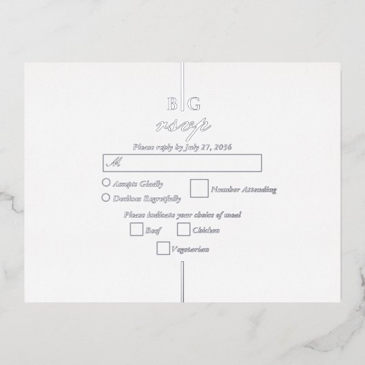 Echte zilveren folie Monogram bruiloft RSVP Folie Uitnodiging Briefkaart (Voorkant)