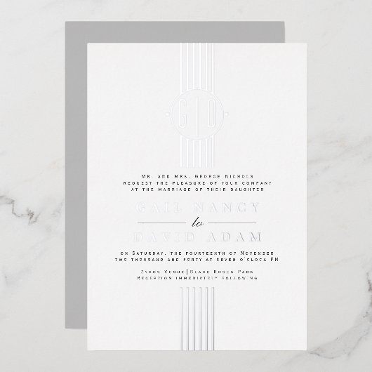 Echte zilveren folie strepen, bruiloft voor monogr folie uitnodiging (Voorkant / Achterkant)