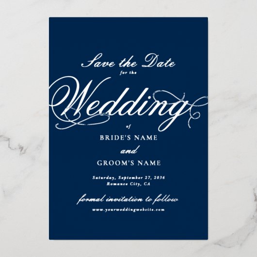 Echte Zilveren Folie Wedding Navy Blue Save the Da Folie Uitnodiging (Voorkant)