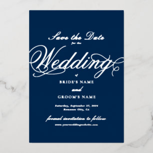 Echte Zilveren Folie Wedding Navy Blue Save the Da Uitnodiging