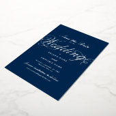 Echte Zilveren Folie Wedding Navy Blue Save the Da Uitnodiging (Gedraaid)