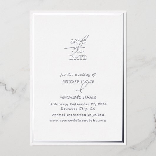 Echte Zilveren Folie Witte Huwelijk Save The Date Folie Uitnodiging (Voorkant)