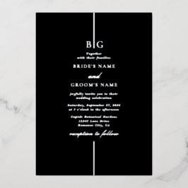 Echte Zilveren Folie Zwart Elegante Monogram Huwel Folie Uitnodiging