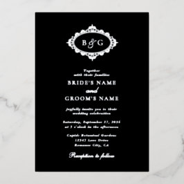 Echte zilveren foliekrans Elegante zwarte bruiloft Folie Uitnodiging