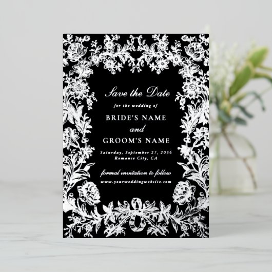 Echte Zilverfolie Bloemen Huwelijk Save the Date K Folie Uitnodiging (Staand Voorkant)