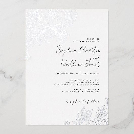 Echte zilverfolie weelderige Roos bruiloft Folie Uitnodiging (Voorkant)