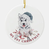 Echtgenige hond, eerste kersthondenpup, winter keramisch ornament (Voorkant)