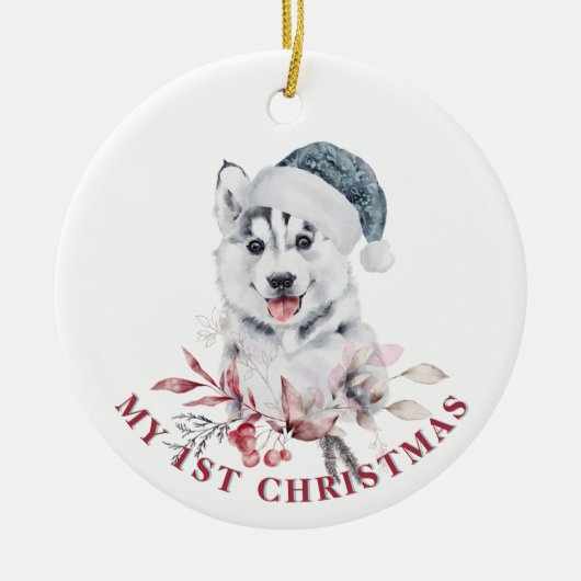 Echtgenige hond, eerste kersthondenpup, winter keramisch ornament (Voorkant)