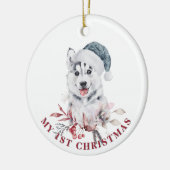 Echtgenige hond, eerste kersthondenpup, winter keramisch ornament (Links)