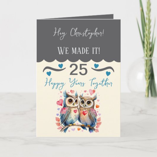 Echtgenoot 25-jarig jubileum uilen grijs blauw kaart (Voorkant)