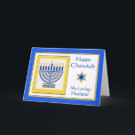 Echtgenoot Chanukah Hedendaags Menorah Kaart<br><div class="desc">Gelukkige Chanoeka Mijn Liefdevolle Echtgenoot,  hedendaagse menora met blauwe kaarsen,  papieren wenskaart. Digitale illustratie met een verlichte menora en een davidster. Copyright op kunst,  afbeelding en vers © Shoaff Ballanger Studios,  2024.</div>