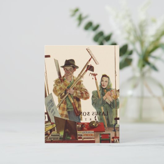  echtgenoot en vrouw met tuinbouwmiddelen briefkaart (Staand voorkant)