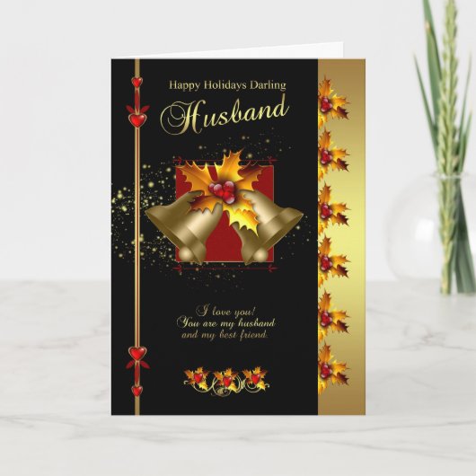 Echtgenoot Kerst Kaart - Holly and Bells - Zwart A (Voorkant)