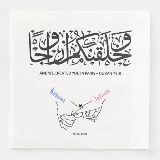 Echtpaar houdt handen vast aan islamitische bruilo servet (Voorkant)