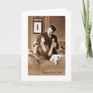 Echtpaar viert nieuwjaar met champagne,  feestdagen kaart