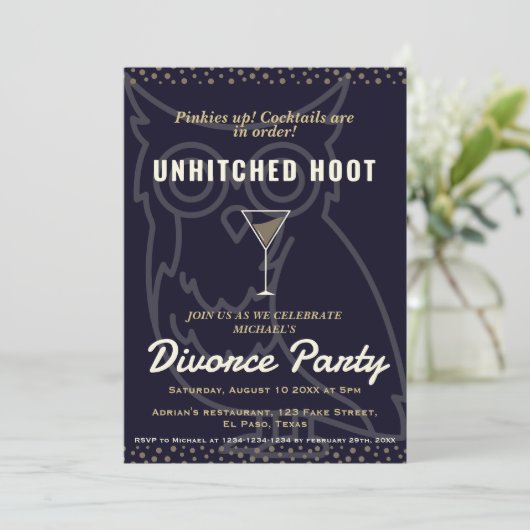 Echtscheidingsfeest nodigt uit: Unhitched hoots. H Kaart (Staand voorkant)