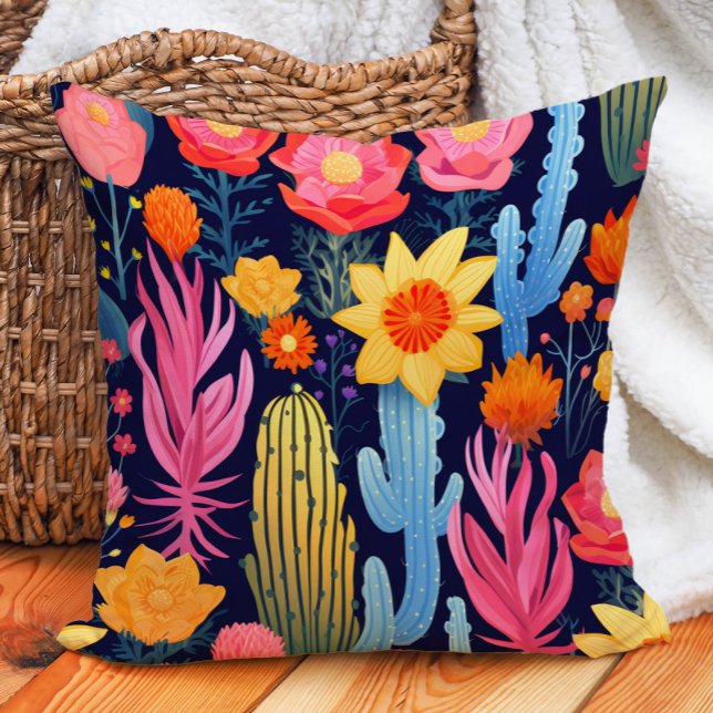 Eclectic Bold Geel Roze Rode Marine Bloemencactus Kussen (Eclectic Bold Yellow Pink Red Navy Floral Cactus Throw Pillow)