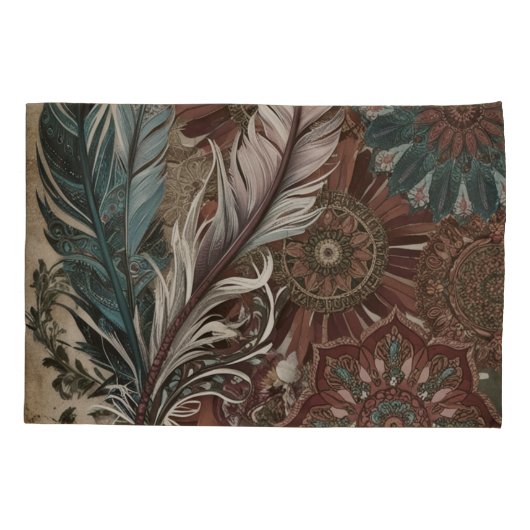 Eclectische Boho Chic Gevederde Mandala Kussensloop (Achterkant-Links)