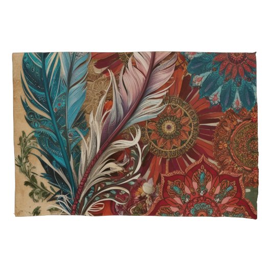 Eclectische Boho Chic Gevederde Mandala Kussensloop (Voorkant-Links)