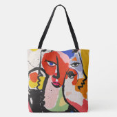 Eclectische Boho Felrode Blauw Gele Gezichts Illus Tote Bag (Achterkant)