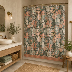 Eclectische Boho Terracotta Houtskool Botanische B Douchegordijn