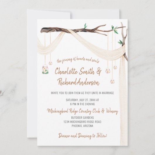 Eclectische Drape, Mason Jar Lights, Archway Weddi Kaart (Voorkant)