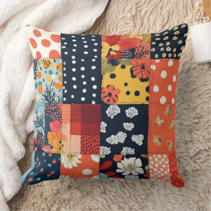 Eclectische koraalblauwe cottage bloemenpatchwork kussen
