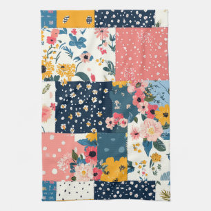 Eclectische koraalblauwe cottage bloemenpatchwork theedoek