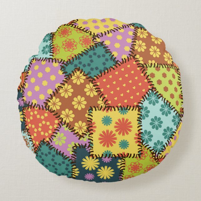 Eclectische Patchwork: Diverse Patroon Mix Rond Kussen (Voorkant)