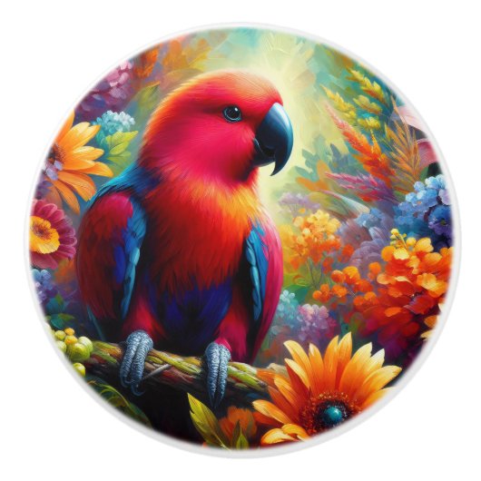 Eclectus Parrot met kleurrijke bloemen Keramische Knop (Voorkant)