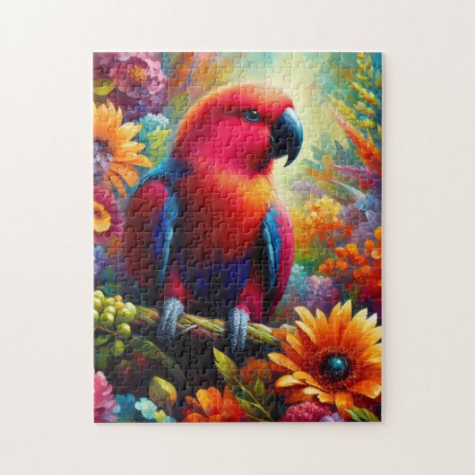 Eclectus Parrot met kleurrijke bloemen Legpuzzel (Verticaal)