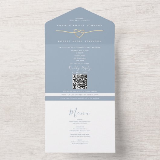 Eco Friendly Dusty Blue Wedding All In One Uitnodiging (Binnen)