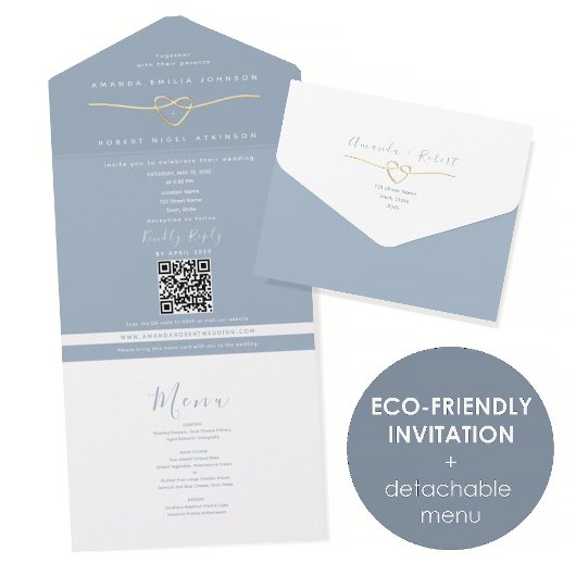 Eco Friendly Dusty Blue Wedding All In One Uitnodiging