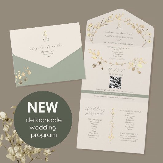 Eco-Friendly Sage Green Gold Wedding All In One Uitnodiging