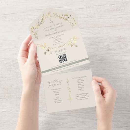 Eco-Friendly Sage Green Gold Wedding All In One Uitnodiging (Afscheurbaar)