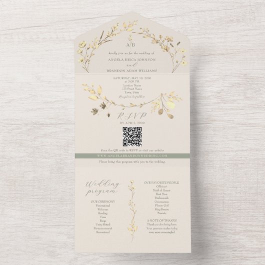 Eco-Friendly Sage Green Gold Wedding All In One Uitnodiging (Binnen)