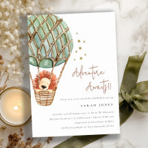 Eco Green Hot Air Ballon Lion Baby shower Uitnodig