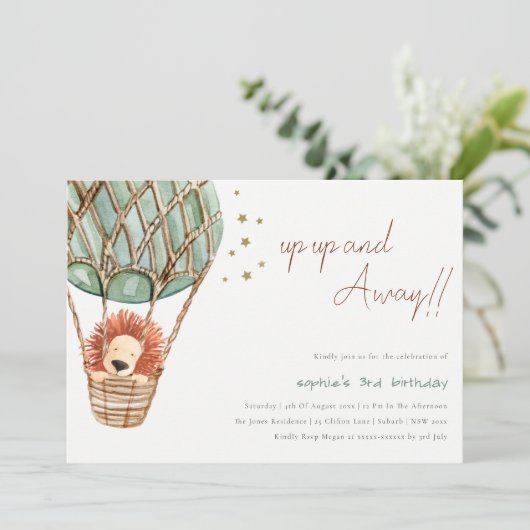 Eco Green Hot Air Ballon Lion Kind Birthday Invite Bedankkaart (Staand voorkant)