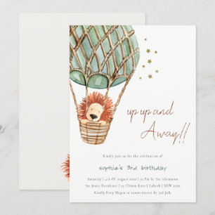 Eco Green Hot Air Ballon Lion Kind Birthday Invite Bedankkaart