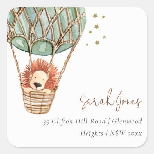 Eco Green Hot Air Ballon Lion Magisch Adres Vierkante Sticker (Voorkant)