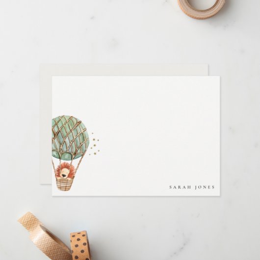 Eco Green Hot Air Ballon Lion Waterverf Kinder Notitiekaartje (Voorkant / Achterkant in situ)