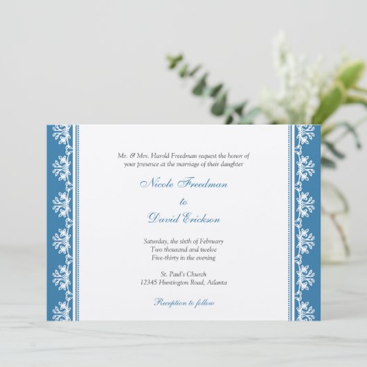 Ecru blue filigree bekaaide douane bruiloft kaart (Staand voorkant)