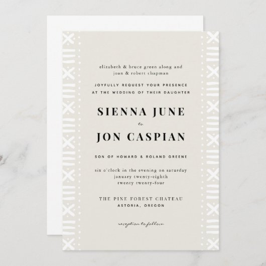 Ecru Boho Mudcloth Border Bruiloft Kaart (Voorkant / Achterkant)