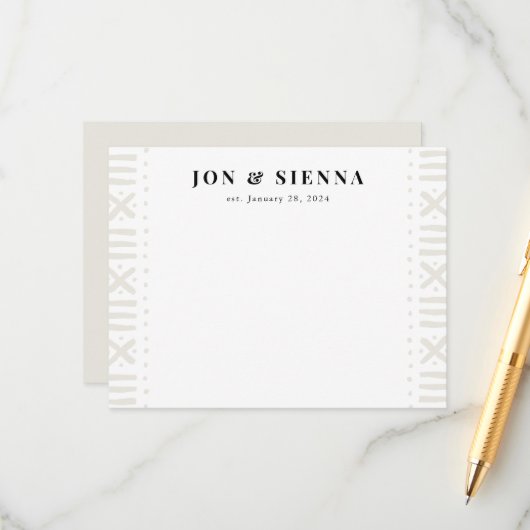 Ecru Boho Mudcloth Border Couple's Stationery Informatiekaartje (Voorkant / Achterkant in situ)